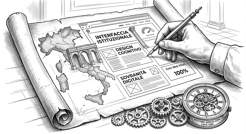 Blueprint di un'interfaccia istituzionale con mappa d'Italia e Core Web Vitals al 100%
