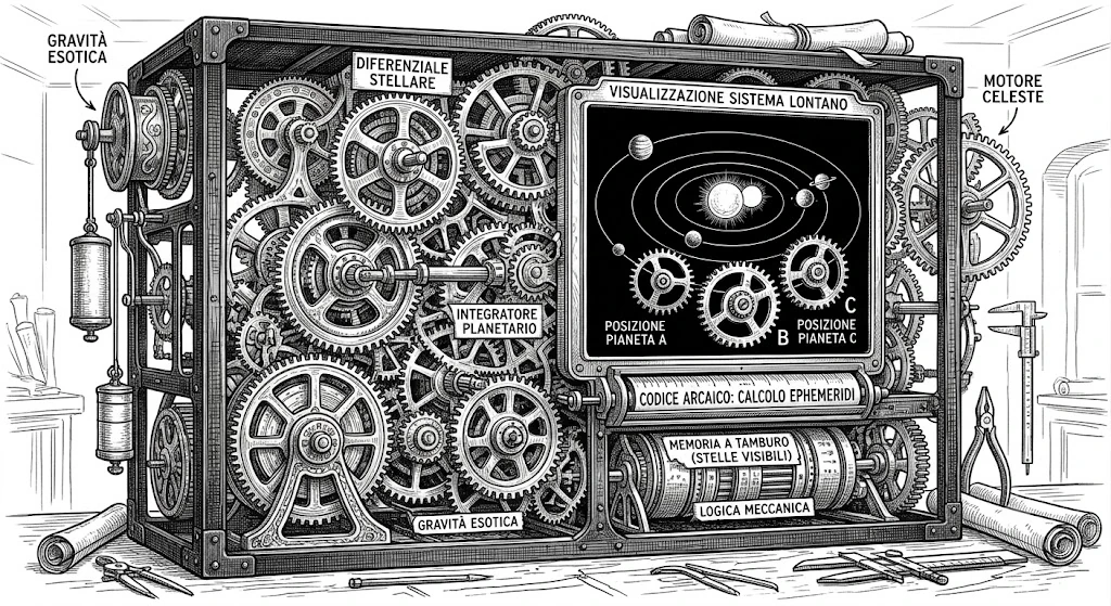 Computer meccanico di un pianeta lontano - schizzo concettuale