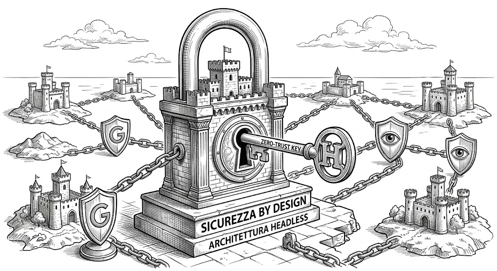 Lucchetto a forma di castello con chiave Zero-Trust e architettura headless