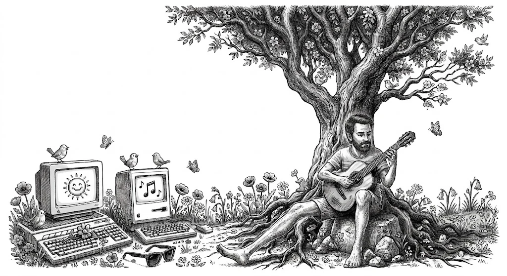 Max Giorgetti tra computer e chitarra, sotto un albero - illustrazione in bianco e nero