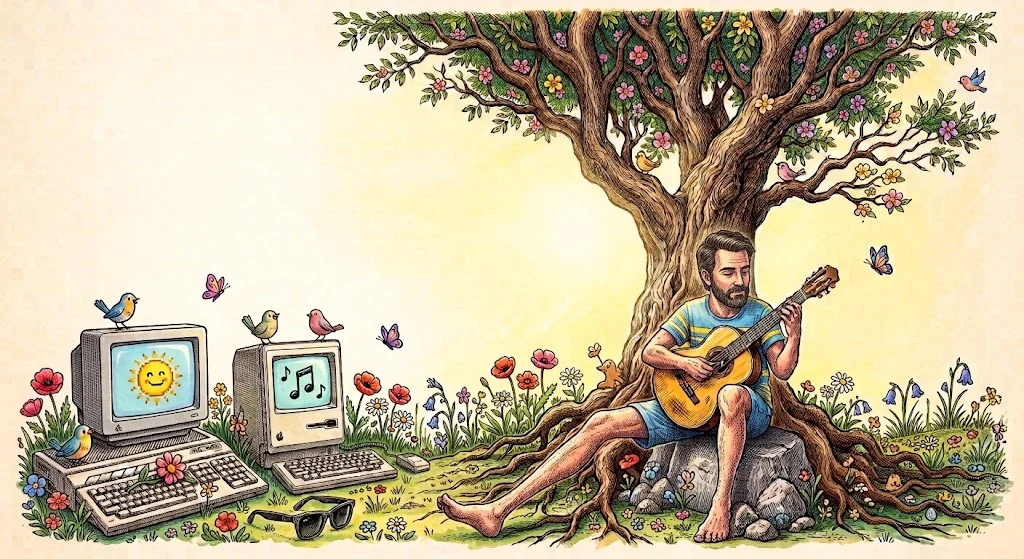 Max Giorgetti tra computer e chitarra, sotto un albero - illustrazione a colori